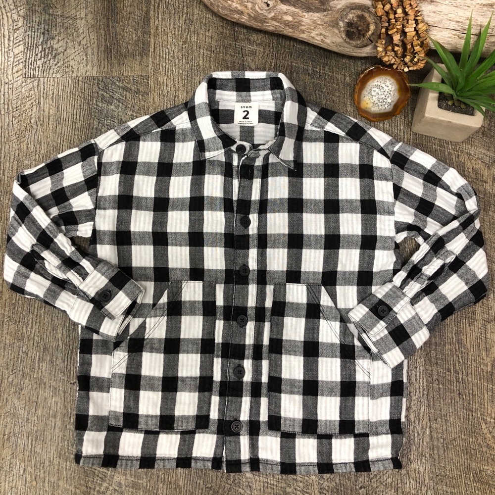 Stem Boy’s Black & White Buffalo Plaid Long Sleeve Cotton Shirt Size 2